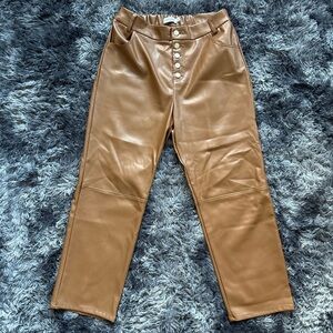 Caramel Brown Faux Leather High Rise Pants Button Front Straight Leg Trousers